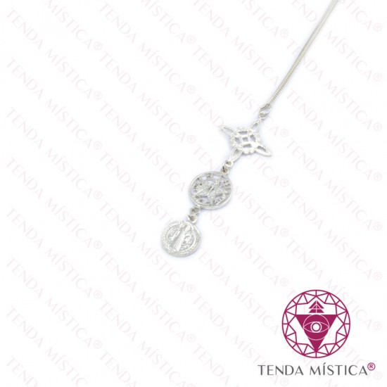 Colar Prata Tripla Proteção Tetragrammaton e S.Bento 16mm