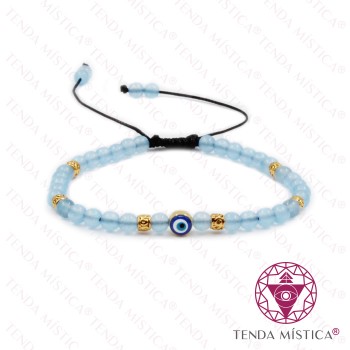 Pulseira Água Marinha + Olho Turco Ajustável 4mm