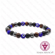 Pulseira Obsidiana Negra + Hematite + Olho de Tigre + Olho Turco 8mm