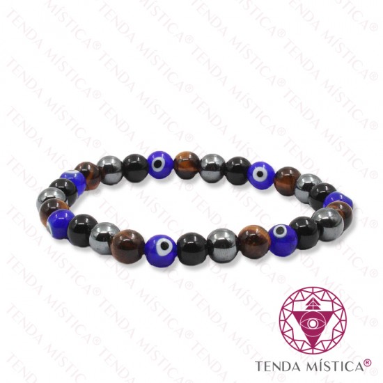 Pulseira Obsidiana Negra + Hematite + Olho de Tigre + Olho Turco 8mm