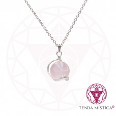 Colar Quartzo Rosa Aço Bola Base Metal