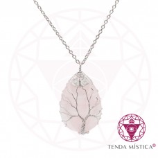 Colar Quartzo Rosa Aço Lágrima Árvore da Vida