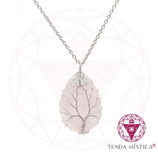 Colar Quartzo Rosa Aço Lágrima Árvore da Vida