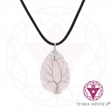 Colar Quartzo Rosa Couro Lágrima Árvore da Vida
