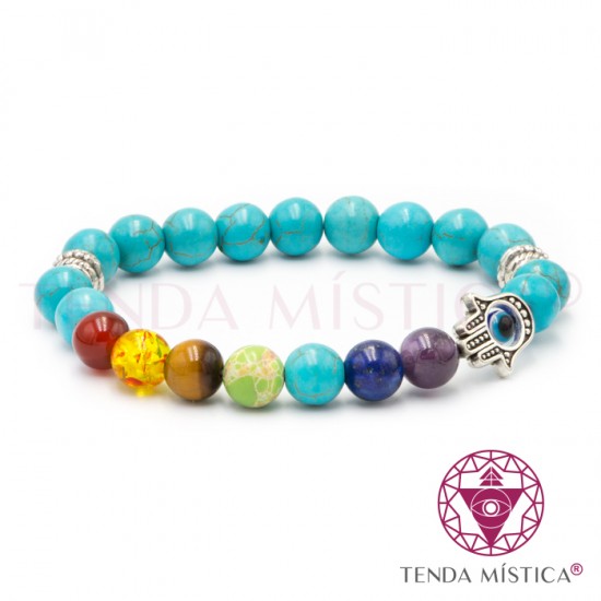 Pulseira Chakras Hamsá Turquesa 8mm