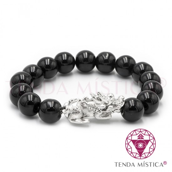 Pulseira Feng Shui Dragão Prateado & Obsidiana