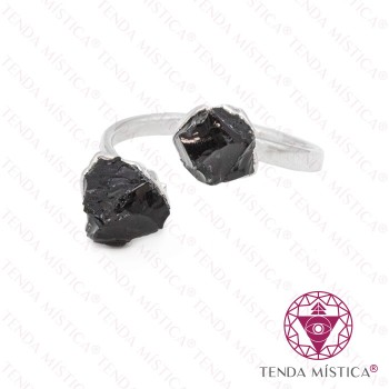 Anel 2 Pedras Obsidiana Bruto Banho Prata Ajustável