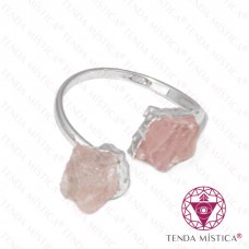 Anel 2 Pedras Quartzo Rosa Bruto Banho Prata Ajustável