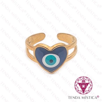 Anel Coração Azul Olho Turco Aço Dourado