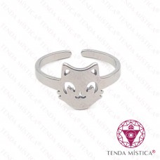 Anel Plano Cabeça Gato Aço Prateado Ajustável