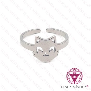 Anel Plano Cabeça Gato Aço Prateado Ajustável