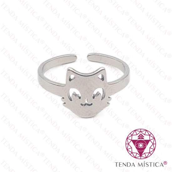 Anel Plano Cabeça Gato Aço Prateado Ajustável