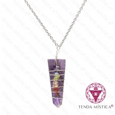 Colar Ametista Aço Ponta Espiral Chakras Prata 