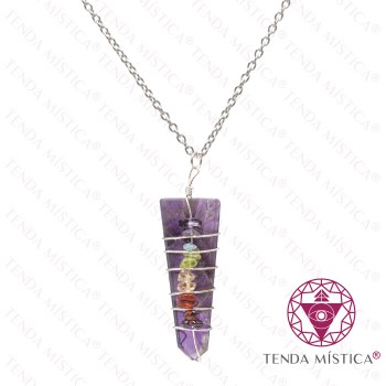 Colar Ametista Aço Ponta Espiral Chakras Prata 