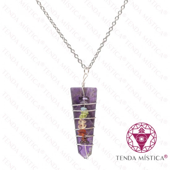 Colar Ametista Aço Ponta Espiral Chakras Prata 