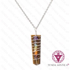 Colar Olho de Tigre Aço Ponta Espiral Chakras Prata 