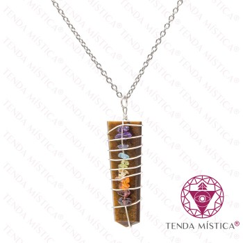 Colar Olho de Tigre Aço Ponta Espiral Chakras Prata 