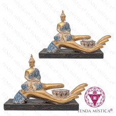 Porta Velas Buddha Sentado Mão Azul