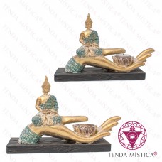 Porta Velas Buddha Sentado Mão Verde