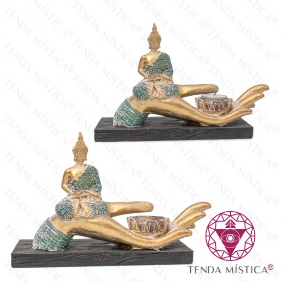 Porta Velas Buddha Sentado Mão Verde