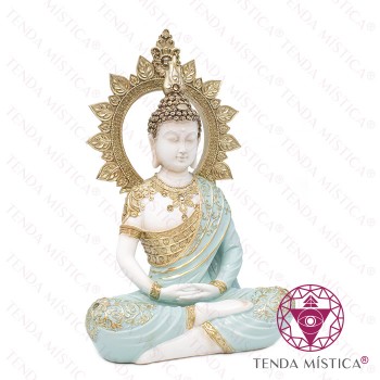 Imagem Buddha Sentado Branco, Turquesa e Dourado Resina