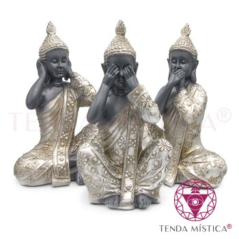 Conj. 3 Buddhas sábios Cego Surdo & Mudo Cinza Vintage