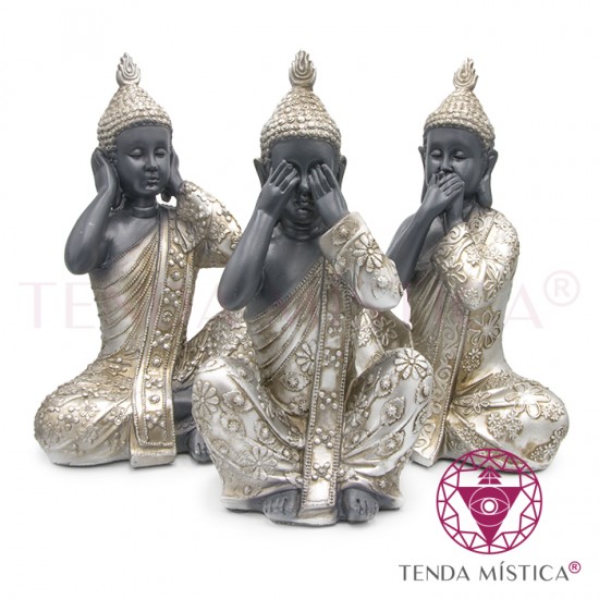 Conj. 3 Buddhas sábios Cego Surdo & Mudo Cinza Vintage