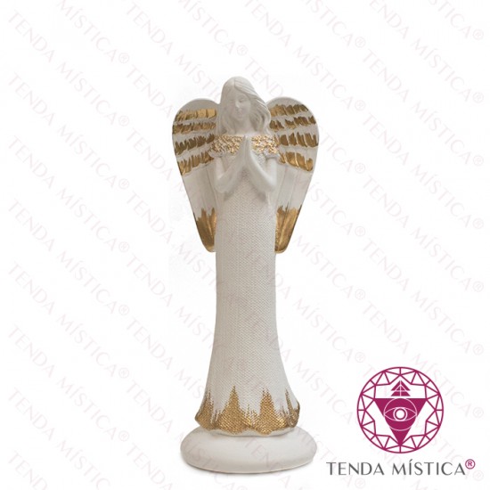 Imagem anjo feminina branca e dourada prece