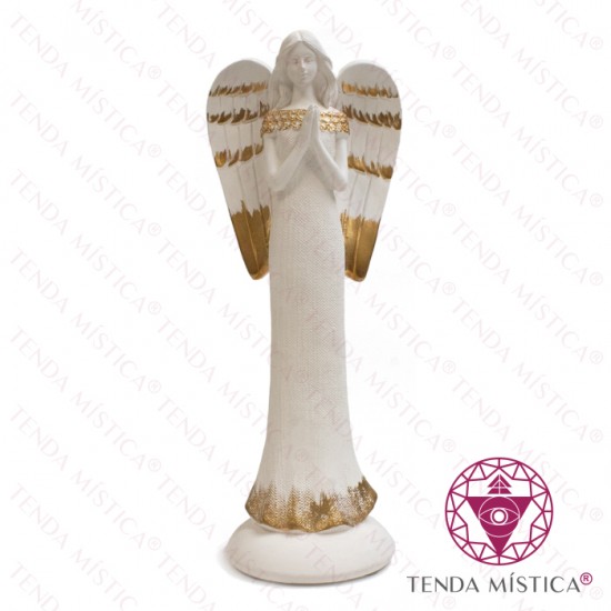 Imagem anjo feminina branca e dourada prece - grande