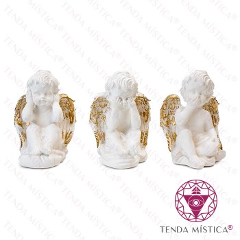 Conj. Imagem três anjos sábios brancos e dourados - cego, surdo e mudo