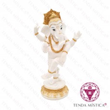 Imagem Ganesha Em Pé Dançando Branco Dourado 32cm