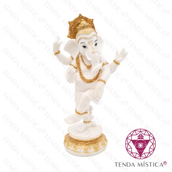 Imagem Ganesha Em Pé Dançando Branco Dourado 32cm