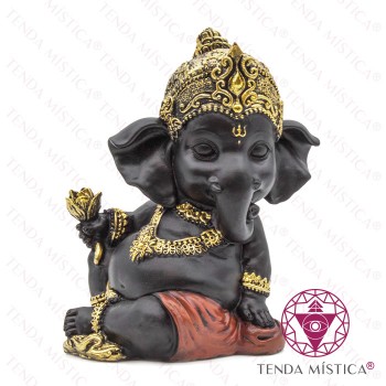 Imagem Ganesha Preto & Dourado Flor Mão