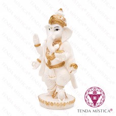 Imagem Ganesha Em Pé Branco Dourado 28cm