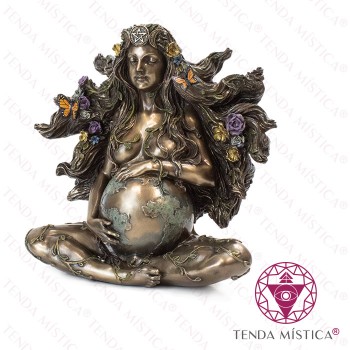 Imagem Resina Mãe Gaia bronze com Flores e Triluna com Pentagrama no Terceiro Olho Pequena