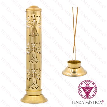 Incensário Torre Latão Árvore da Vida Dourado