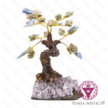 Árvore Pedra Bruto 8 ramos Pirite e Cianite Azul 12 cm