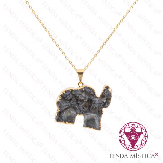 Colar Calcedónia Aço Elefante Dourado