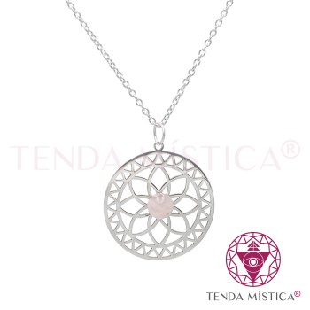 Colar Quartzo Rosa Aço Mandala