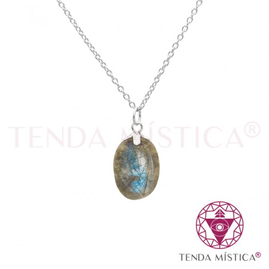 Colar Labradorite Aço Pedra Topo Prata