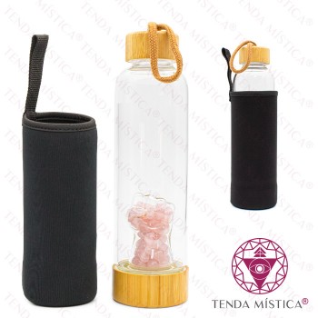 Garrafa Energética Vidro Madeira Figa Quartzo Rosa