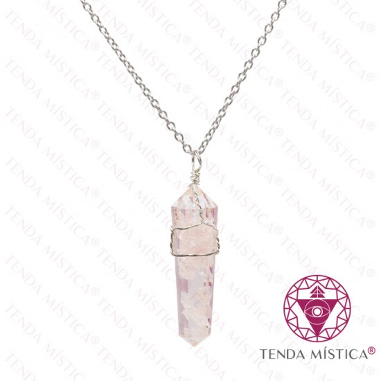 Orgonite Colar Quartzo Rosa Ponta Biterminada Topo Prata