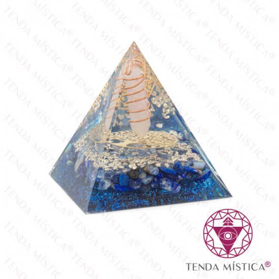 Orgonite Pirâmide - Lápis Lazúli Arvore da Vida Ponta Biterminada Quartzo Rosa 6X6