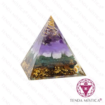 Orgonite Pirâmide - Espiral Glitter, Olho de Tigre, Howlite Branca e Ametista 6X6