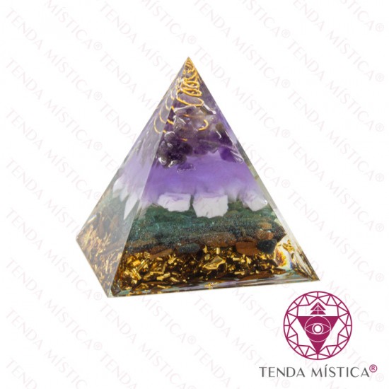 Orgonite Pirâmide - Espiral Glitter, Olho de Tigre, Howlite Branca e Ametista 6X6