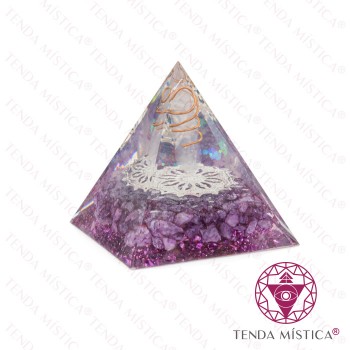 Orgonite Pirâmide - Flor da Vida Ametista Ponta Biterminada Quartzo Cristal 6X6