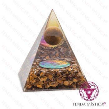 Orgonite Pirâmide 7X7- Esfera Olho de Tigre Cubo de Metatron