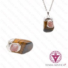 Pendente Olho de Tigre & Quartzo Rosa Topo Prata
