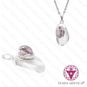 Pendente Quartzo Cristal & Ametista Topo Prata