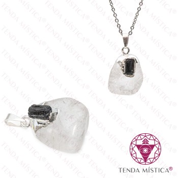 Pendente Quartzo Cristal & Turmalina Topo Prata
